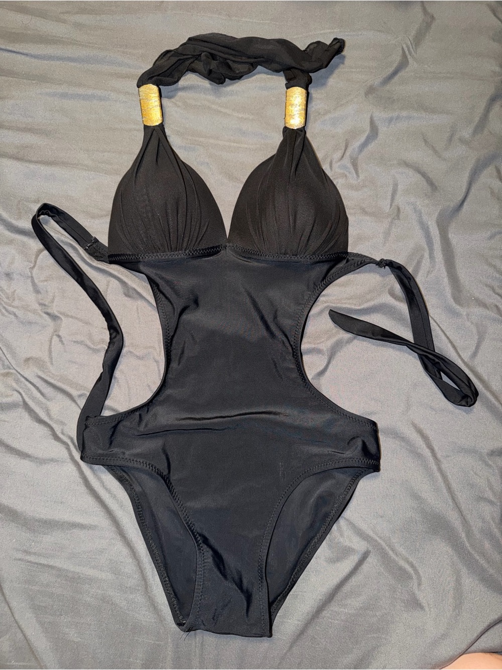 SHEIN Black One-Piece Monokini with Gold Accents